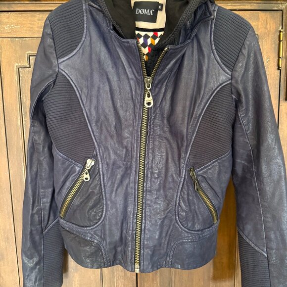 Dark Blue Doma Mixed Media Leather Jacket - Biker Style with removable hood - Picture 2 of 12